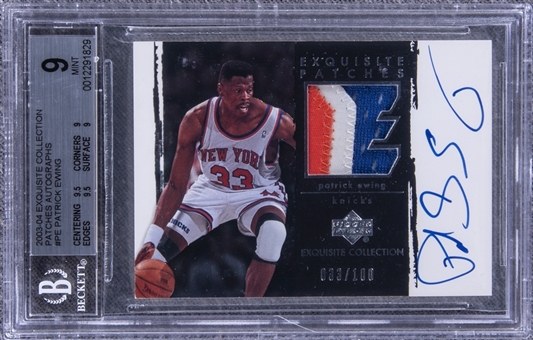 2003-04 UD "Exquisite Collection" Patches Autographs #PE Patrick Ewing Signed Game Used Patch Card (#033/100) – BGS MINT 9/BGS 10